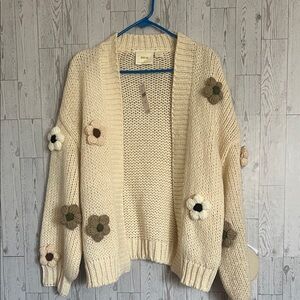 Anthropologie Beige Floral Knit Cardigan